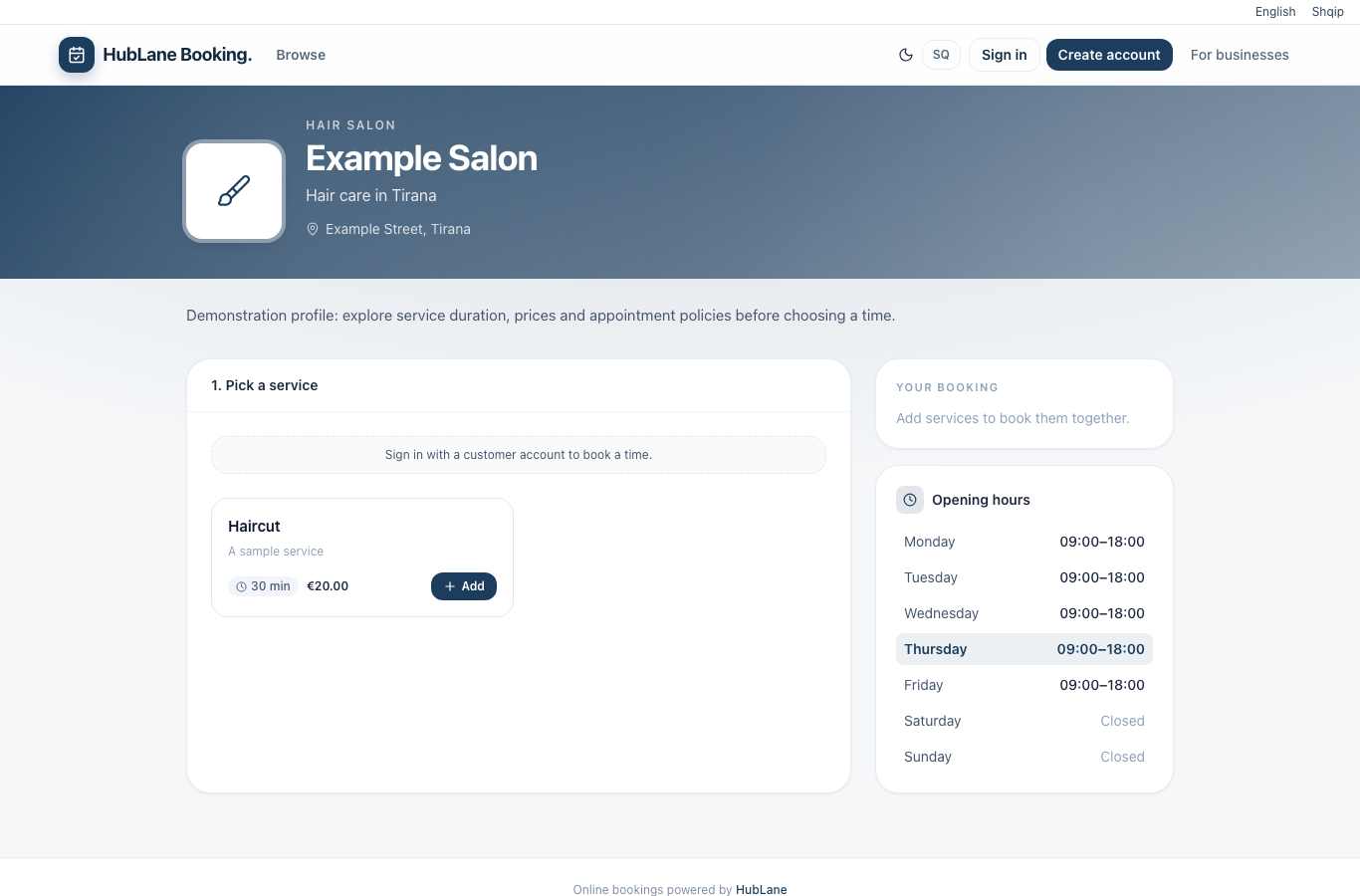 HubLane booking profile with service duration, price and opening hours