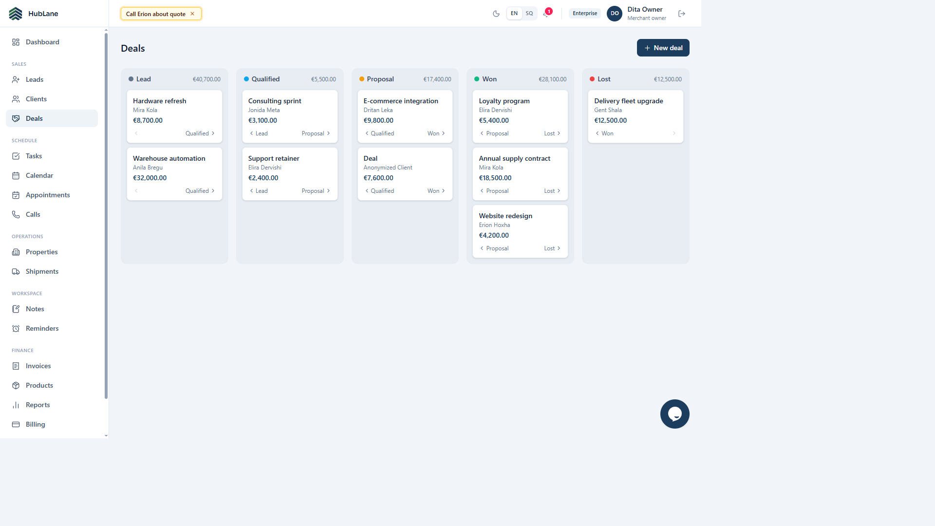 HubLane deal board with stages and customer cards