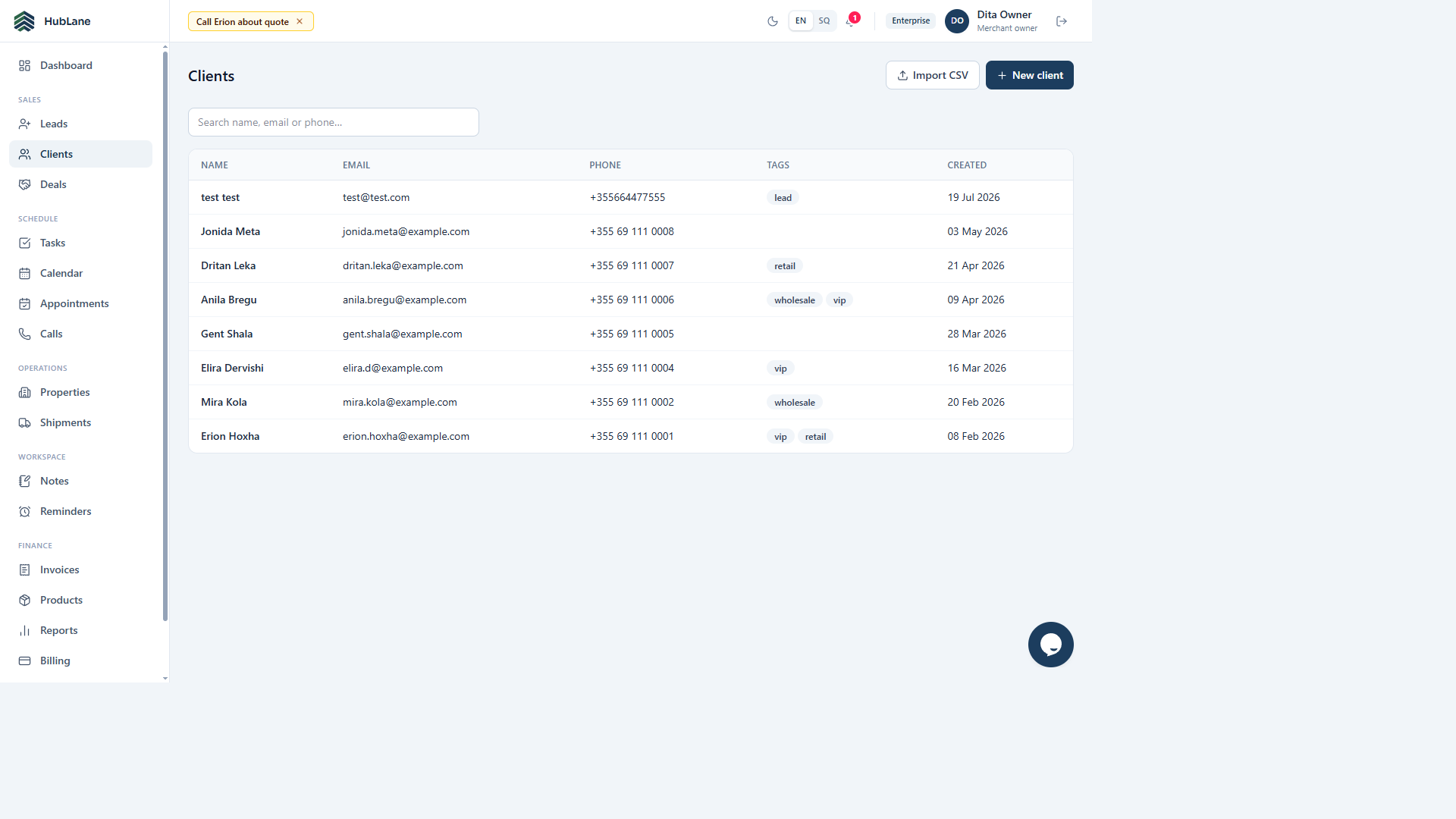HubLane clients workspace with the full module navigation