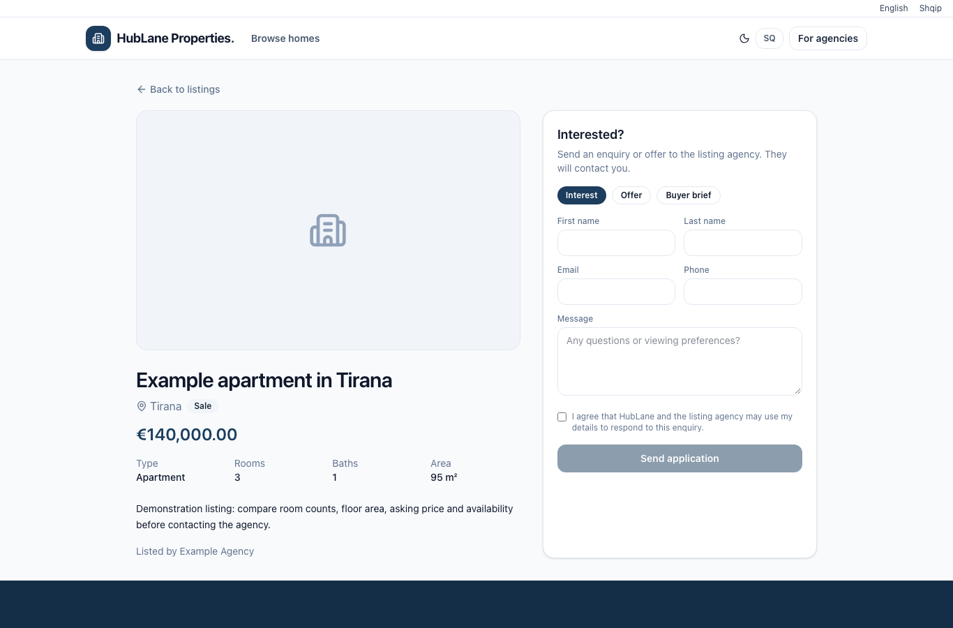 HubLane property page with price, rooms, area and agency details